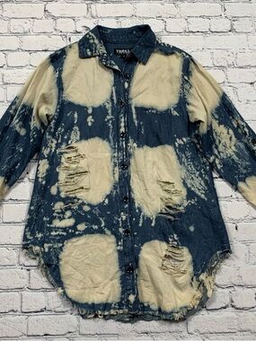 Thrill Blue and Cream Distressed Bleach-Dye Denim Shirt